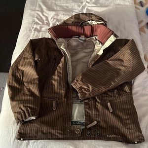 Women’s snowboarding jacket, by CAPP3L, Medium, brown pinstriped, modern style